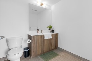 Secadora de cabello, toallas, jabón, papel de baño 