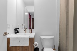 Secadora de cabello, toallas, jabón, papel de baño 