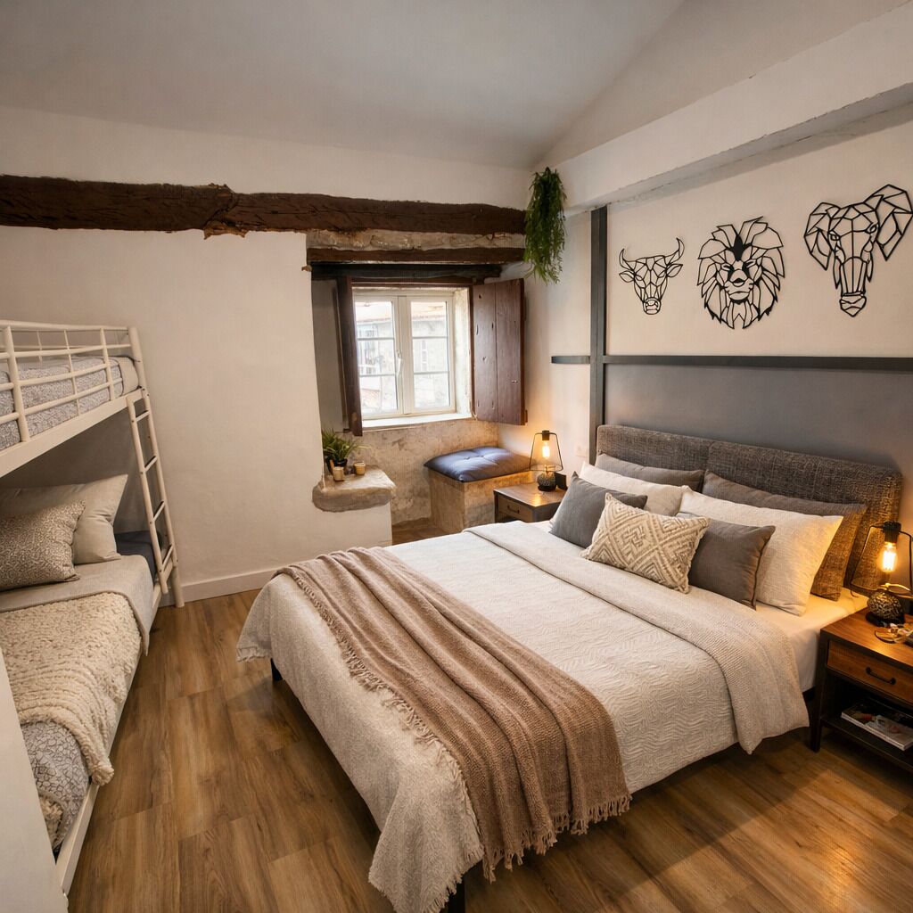 A bedroom with a bunk bed, a single bed, a window, a bedside table, a lamp, and wall art.