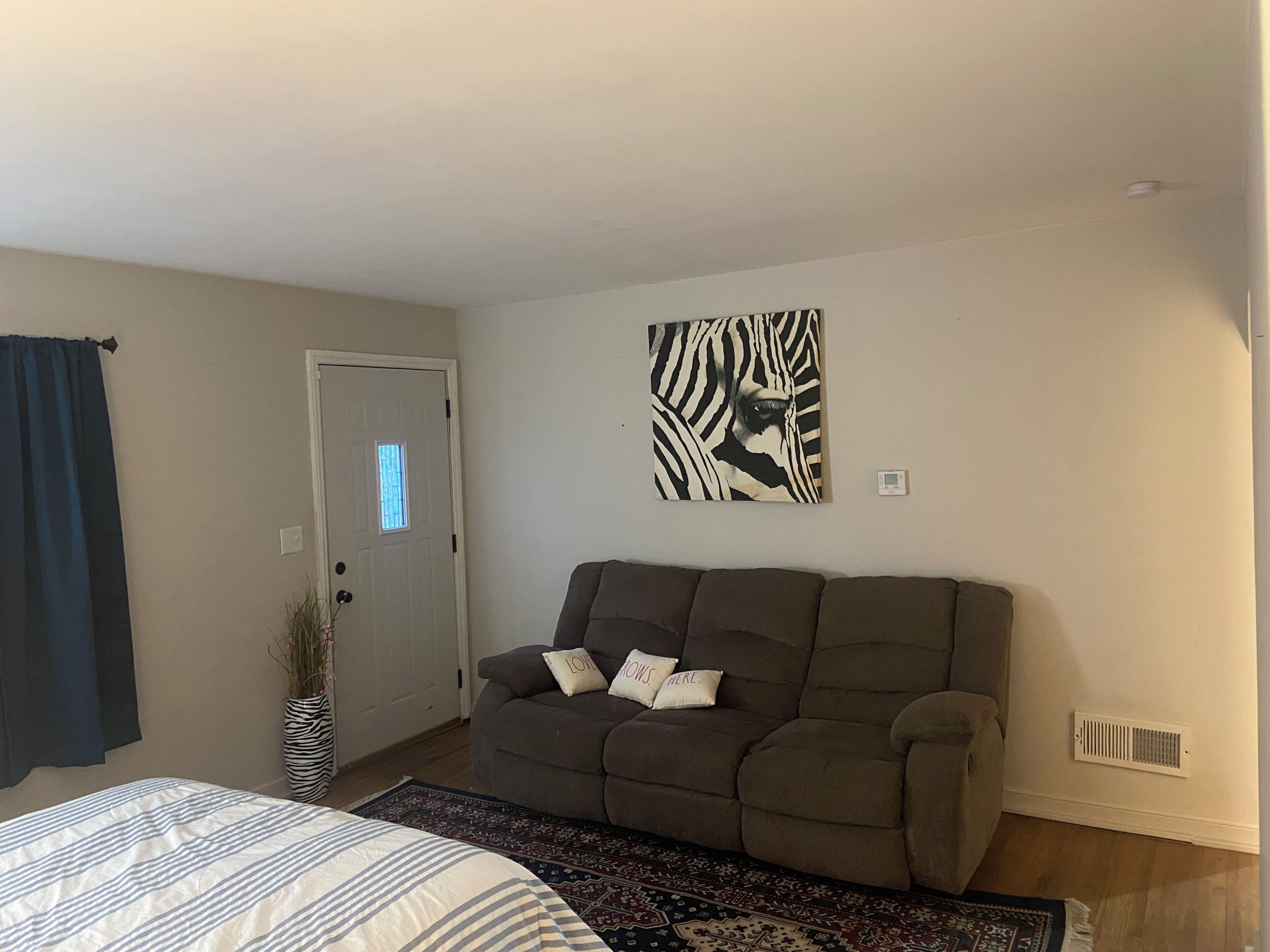 Una sala de estar con sofá, una obra de arte con estampado de cebra, una puerta y una cama con ropa de cama a rayas.