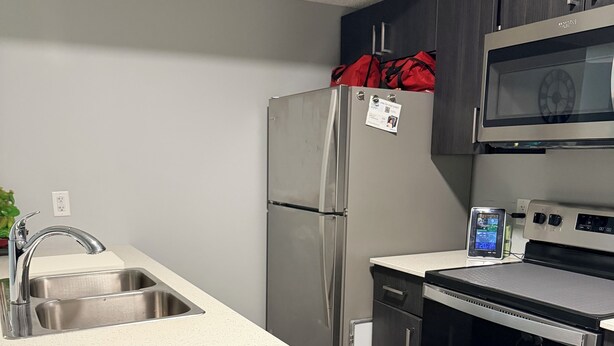 A modern kitchen with stainless steel appliances, a built-in dishwasher, and a microwave above the oven.