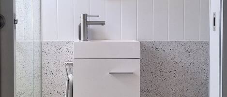 Hair dryer, towels, soap, toilet paper