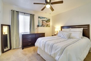 2 bedrooms, iron/ironing board, travel crib, internet