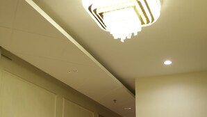 A hallway with a ceiling light fixture, a door, and a wall-mounted light switch. - Hotel Green Palace (Prayagraj)