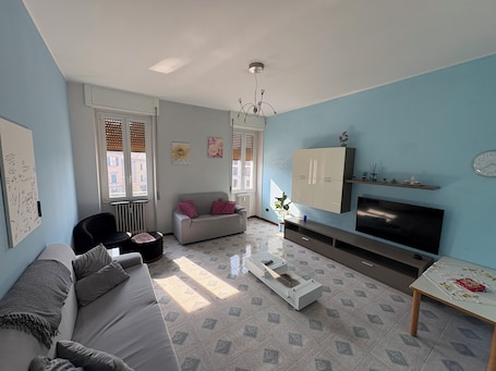 Smart TV, fireplace. House in the center