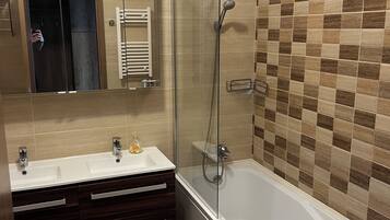Hair dryer, bidet, towels, soap