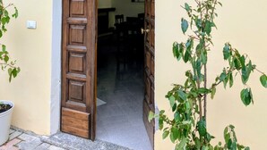 Ein Gebäudeeingang mit Holztür, Hausnummer, Blumentopf und einer Metallmarkise.