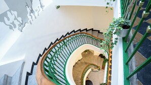 Un escalier en colimaçon avec des rampes vertes et un pot de fleurs posé sur la rampe.