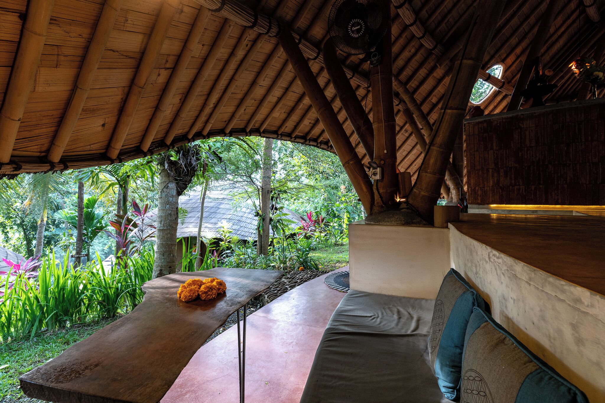 Una habitación con techo de paja, una banca y vistas a la vegetación tropical.