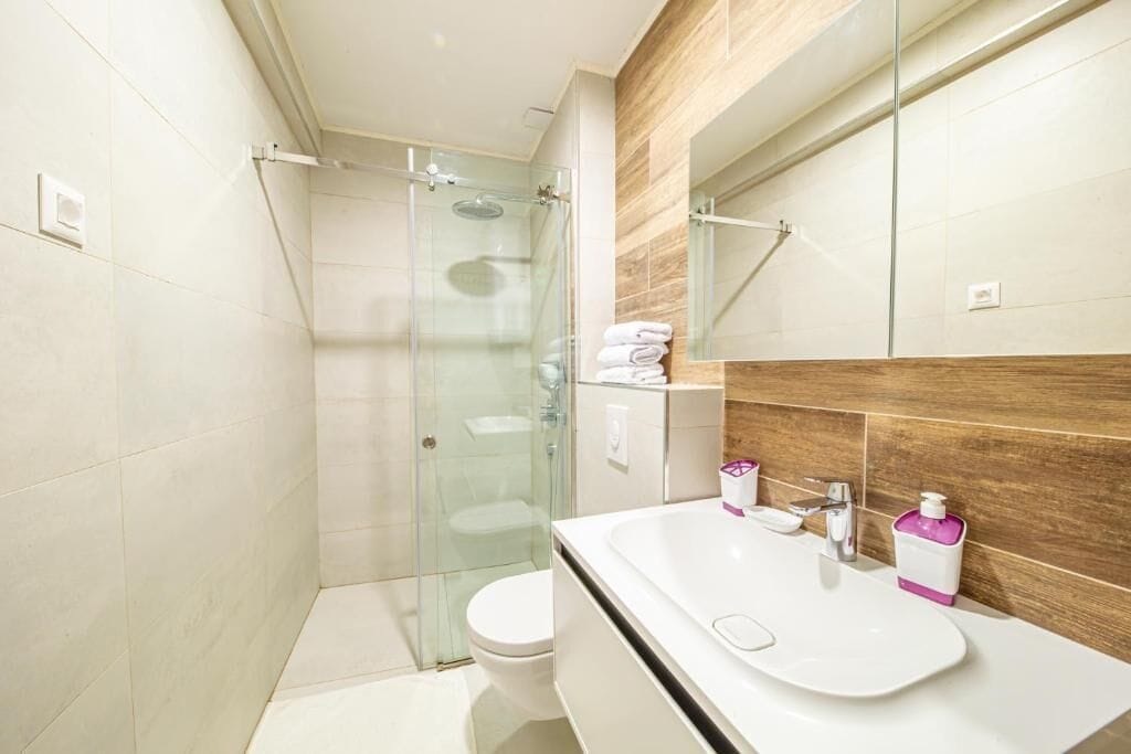 Superior appartement, uitzicht op stad | Badkamer | Handdoeken, zeep, shampoo, toiletpapier