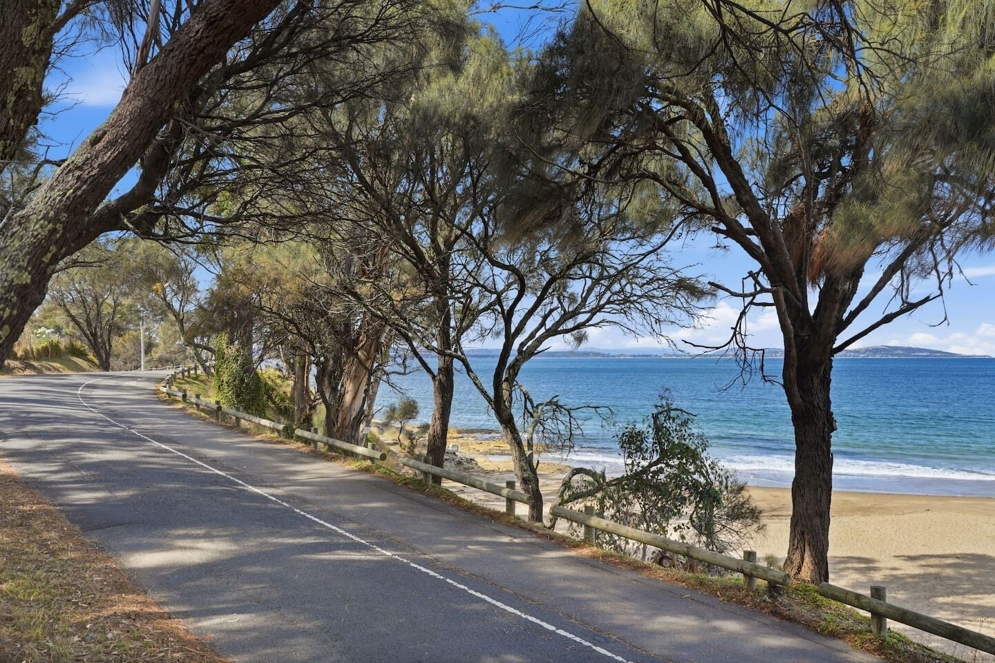 A coastal road with trees, a beach, and a clear view of the sea.