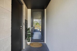 Une entrée étroite avec une porte sombre, une petite plante en pot et un paillasson.