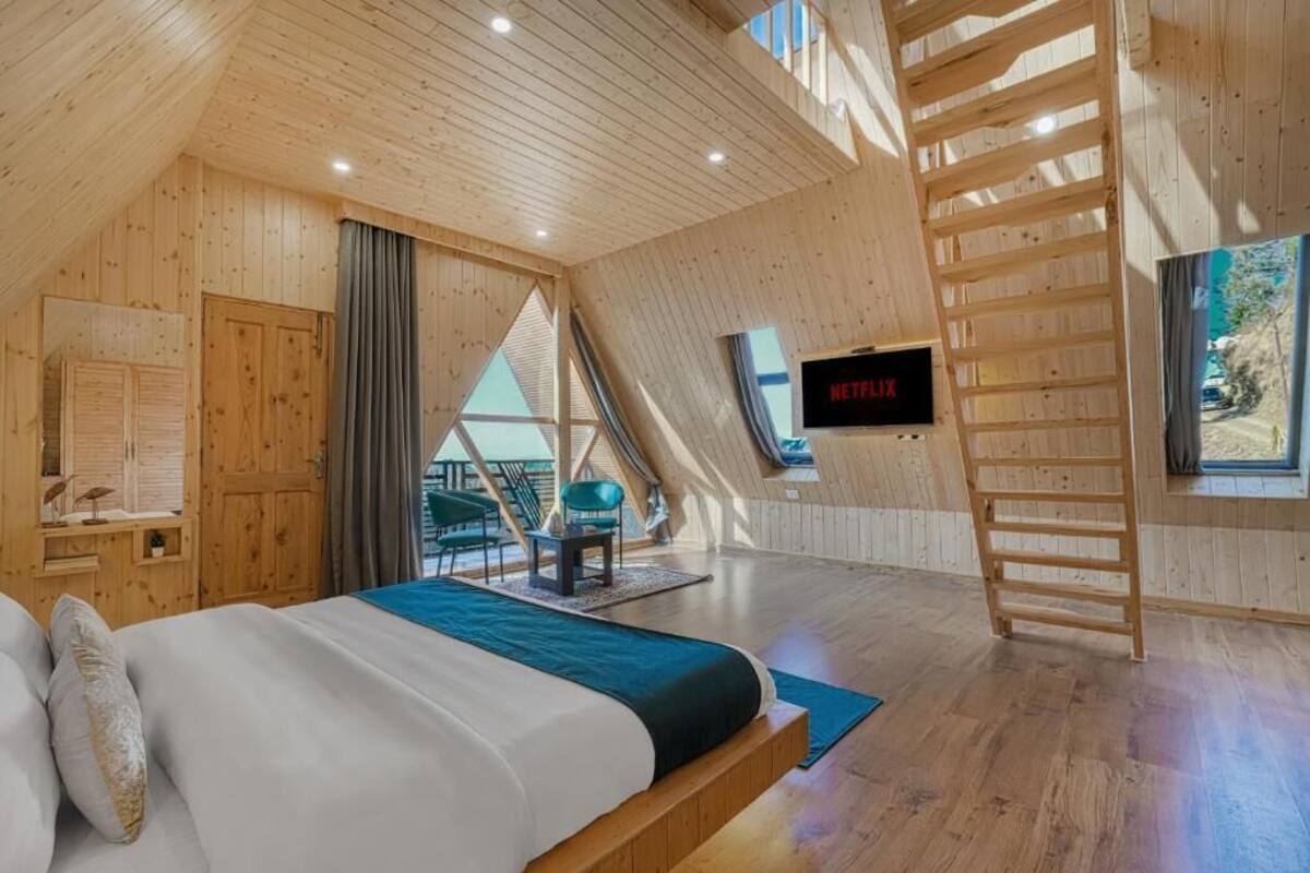 A wooden interior with a bed, a TV, a ladder, and a view through a window.