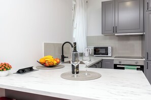 Apartment (A1) | Eigene Küche | Kühlschrank, Mikrowelle, Ofen, Herdplatte