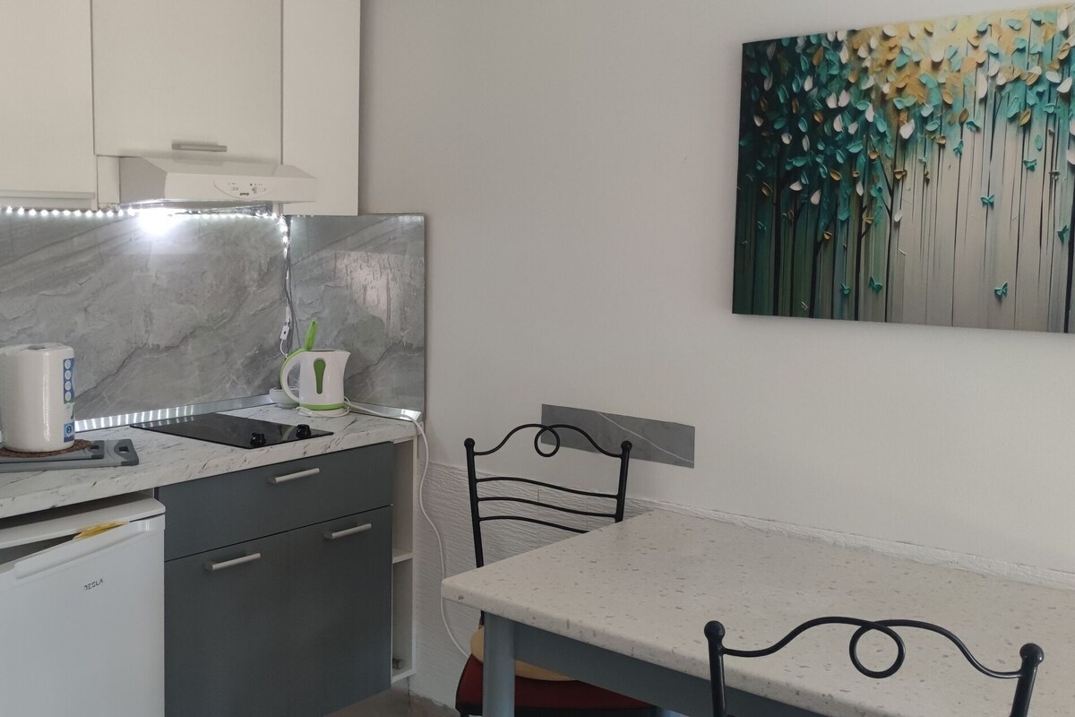 A compact kitchen with a built-in microwave, a sink, and a small refrigerator. There is a dining table with a chair and a wall-mounted painting.