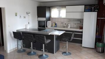 Apartment (A2) | Private kitchen | Fridge, stovetop, electric kettle, cookware/dishes/utensils