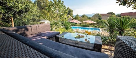 Outdoor pool, pool umbrellas
