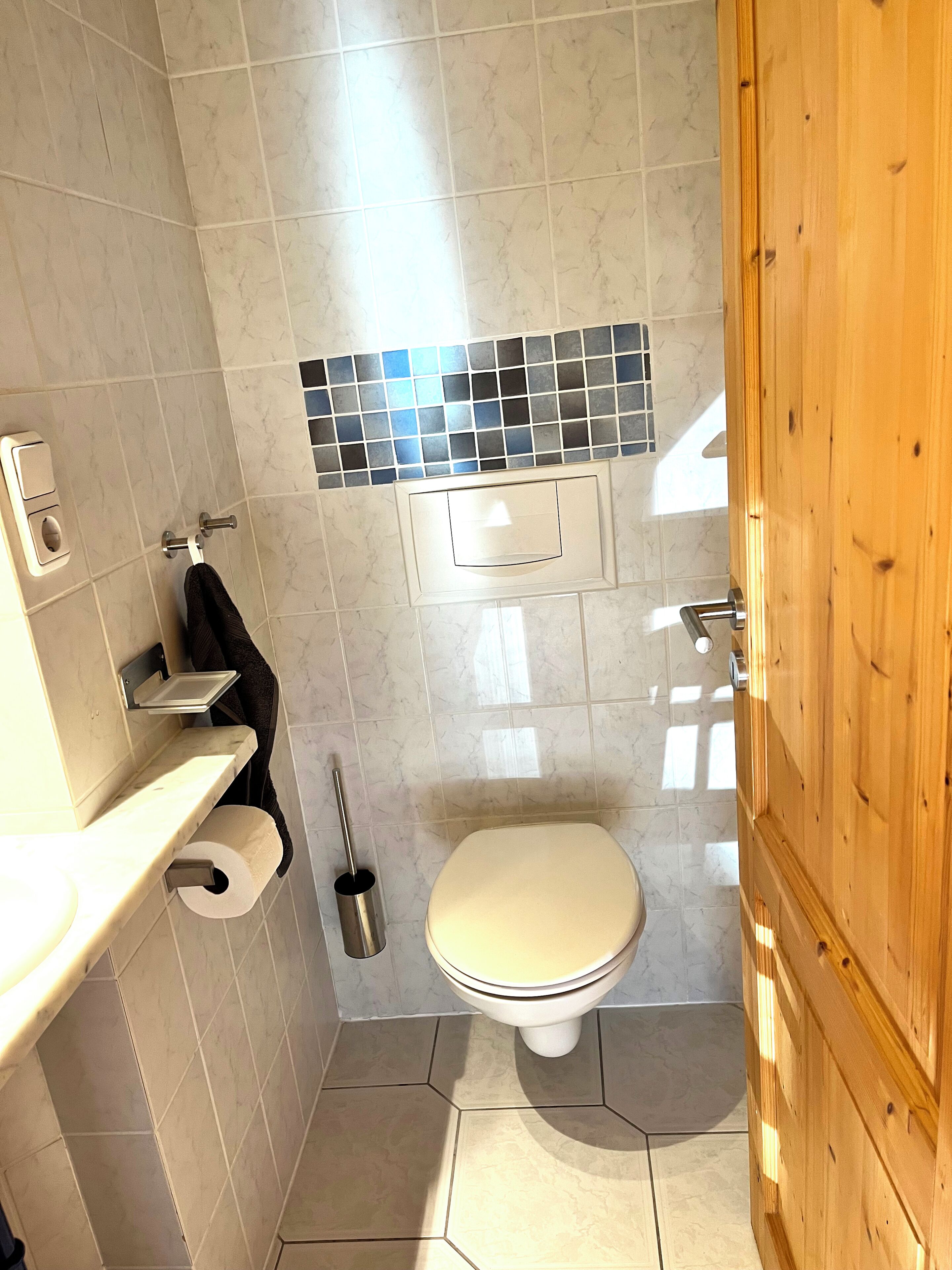 A small bathroom with a toilet, a towel rack, a toilet paper holder, and a showerhead.