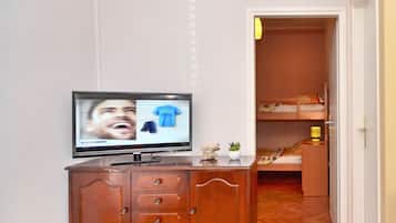 A television on a wooden cabinet, a bunk bed in the background, and a small plant on the cabinet.