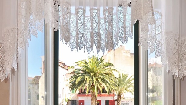 A window with lace curtains, a potted plant, and a view of palm trees and buildings outside. - Apartment Oscar (Split)