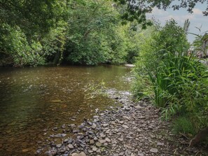 A river with clear water, surrounded by dense greenery and rocks along the banks.