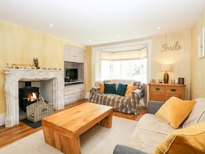 A cozy living room with a fireplace, sofa, and television. - The Farmhouse in North Walsham (North Walsham)