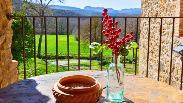 Ein Balkon mit Blick auf eine grüne Landschaft, einer Terrakotta-Schale und einer klaren Glasvase mit roten Beeren.