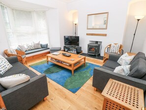 A living room with a sofa, a coffee table, a TV, a fireplace, and a bookshelf. - Aubrey Villa in Pembrokeshire. (Tenby)