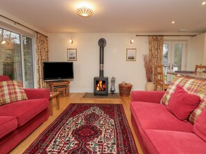A living room with a fireplace, red sofas, a TV, and a patterned rug. - Butterfly, in Kendal, Cumbria. (Kendal)