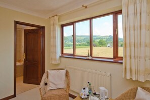A room with a view of a green landscape, a wicker chair, a radiator, and a table with a kettle. - Tall Trees, Llandyrnog, Wales. (Denbigh)