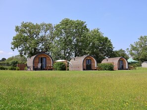 Three dome-shaped cabins in a grassy field with trees in the background. - Honeypot Hideaways - Manuka Retreat (Chester)