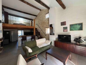 Un vaste espace de vie avec un canapé vert, une table basse en bois, un téléviseur et un mur en pierre.