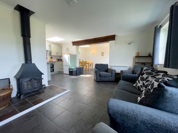 A living room with a fireplace, a sofa, a dining area, and a kitchen in the background. - Ty Coed @ Canllefaes, Cardigan (Cardigan)