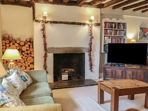 A cozy living room with a fireplace, a sofa, a coffee table, a bookshelf, and a television. - The Old Manor House, Lifton (Lifton)