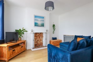 Un salon avec une cheminée, un canapé bleu, un meuble de rangement en bois et une plante suspendue.