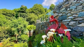 Un jardí amb un mur de pedra, vegetació abundant i un element decoratiu vermell.