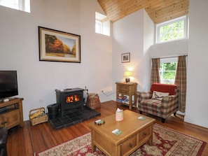 Una sala de estar acogedora con chimenea, televisor, sofá de cuadros y mesa de centro de madera.