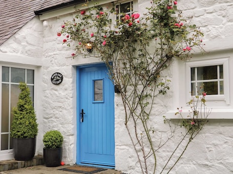 A white cottage with a blue door, a sign reading 'Rossla Cottage,' and two potted plants.. Rosslare Cottage, Broughshane