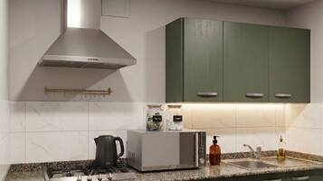 Fridge, microwave, oven, stovetop