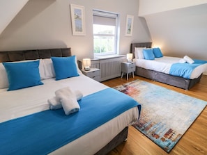 A bedroom with two beds, a window, a radiator, and a patterned rug.