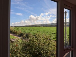 A view from a window of a green field, a clear sky, and a distant hill. - West Cottage, Rillington (Malton)