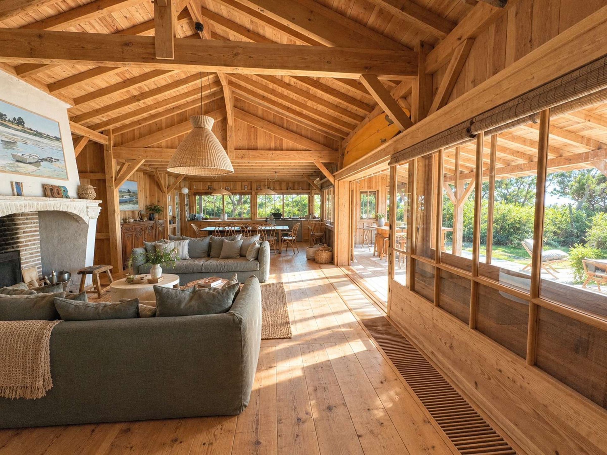 A spacious wooden interior with a high ceiling, a fireplace, a dining area, and large windows offering a view of the outdoors.