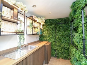 A modern kitchen with a wooden countertop, built-in shelves, and a green wall with plants.