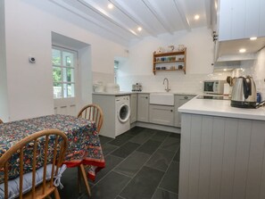A compact kitchen with a washing machine, a microwave, and a sink. - Chandos, Dolwyddelan (Dolwyddelan)