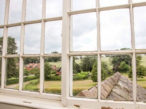Ein Fenster mit Gittermuster, durch das eine ländliche Landschaft mit Häusern und Grünflächen sichtbar ist.