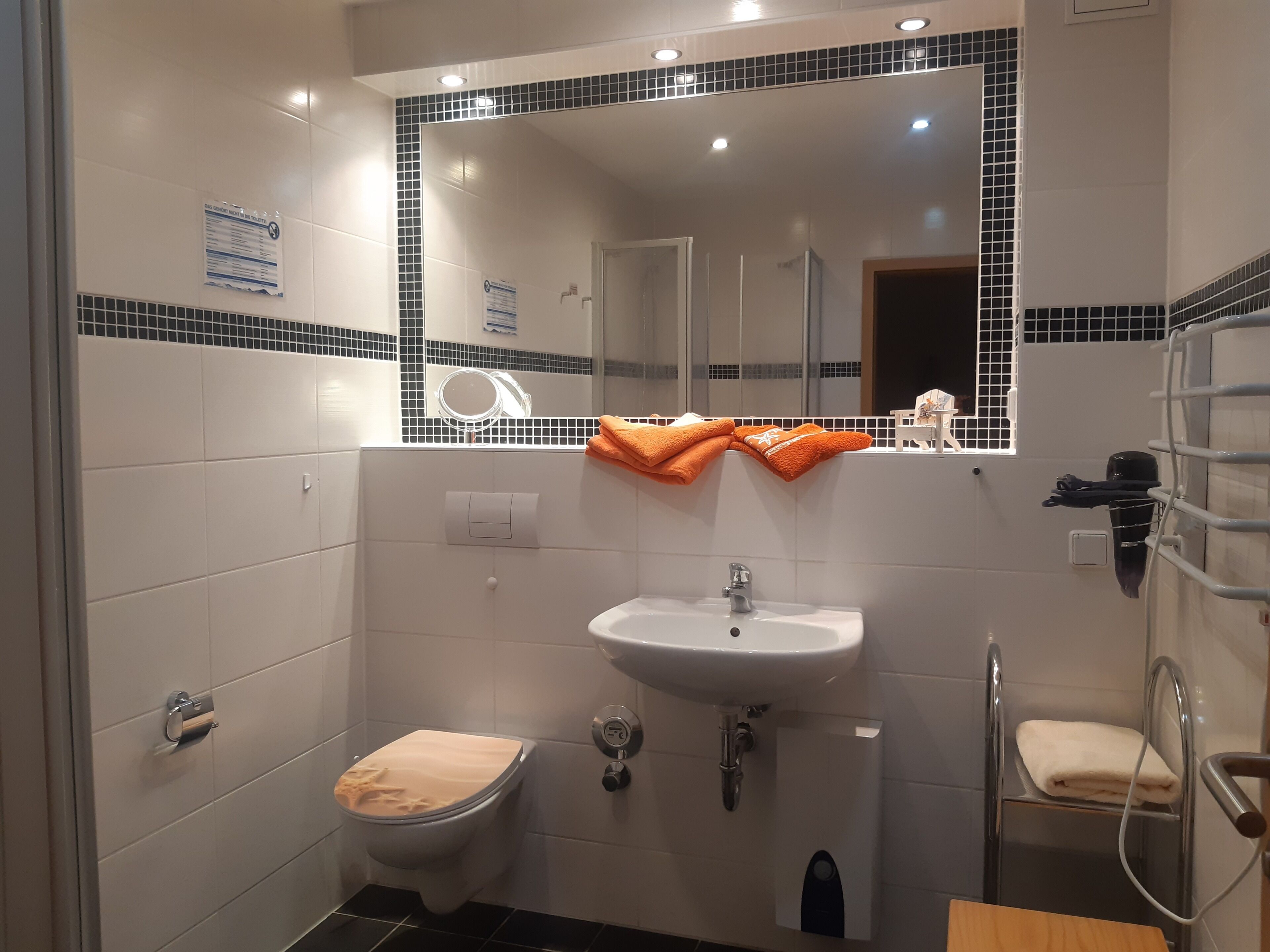 Chuveiro, secador de cabelo, sabonete, papel higiênico