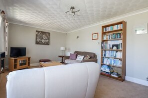Un salon avec un canapé blanc, un téléviseur posé sur un meuble en bois, une bibliothèque et un ventilateur de plafond.