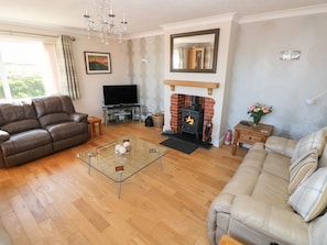 A living room with a fireplace, leather sofas, a glass coffee table, and a television. - Meadow View, Letterston (Haverfordwest)