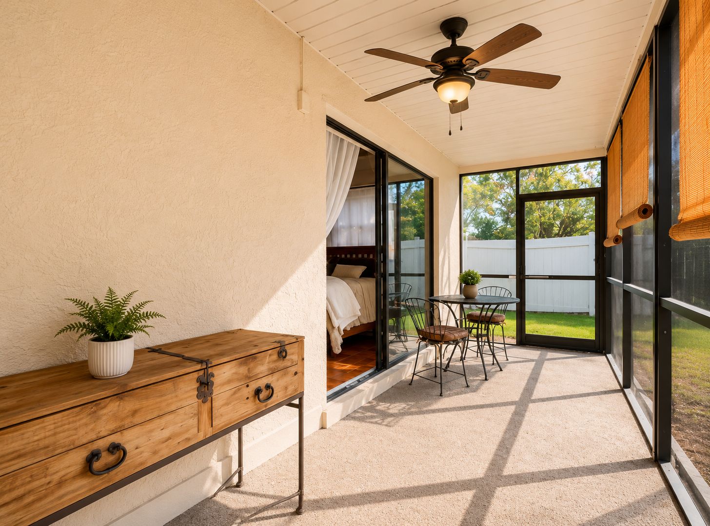 A sunlit room with a ceiling fan, a wooden dresser, a bed, and a table with chairs.