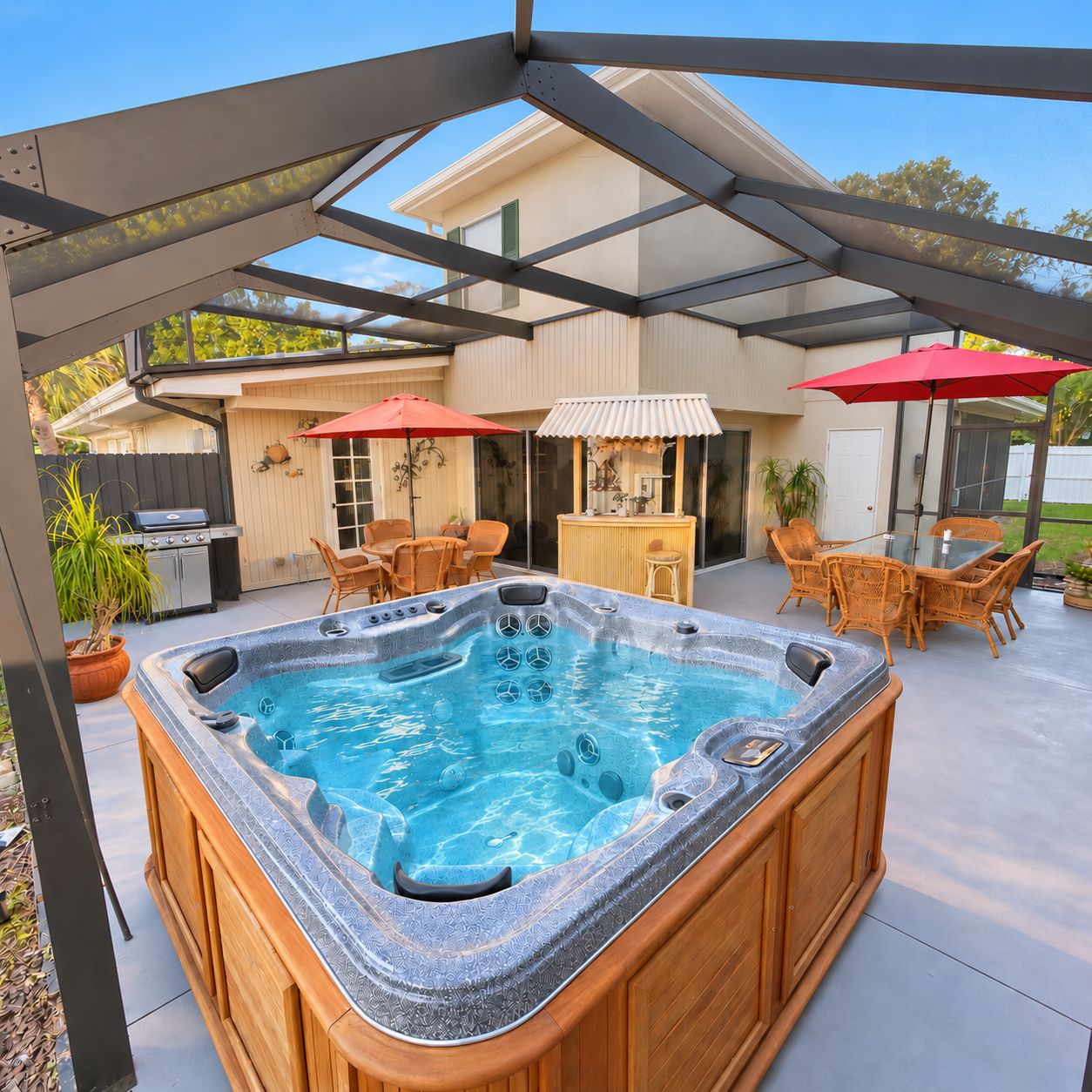 A hot tub in a covered outdoor area with a patio, seating, and a barbecue grill.